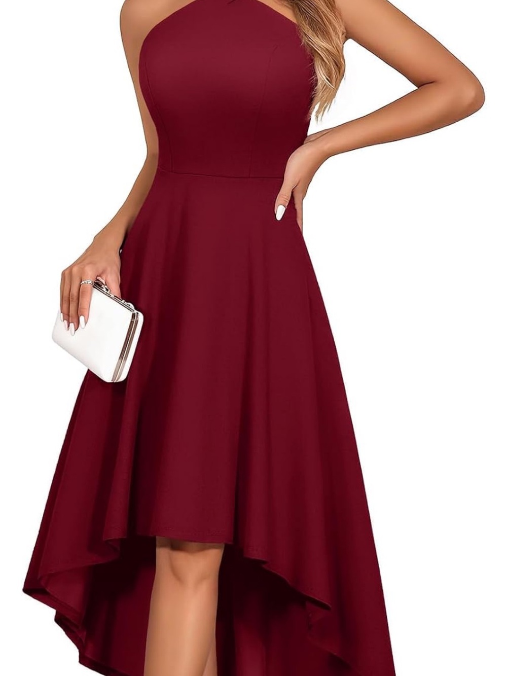High Neck Halter High-Low A-Line Dress in Red Wine